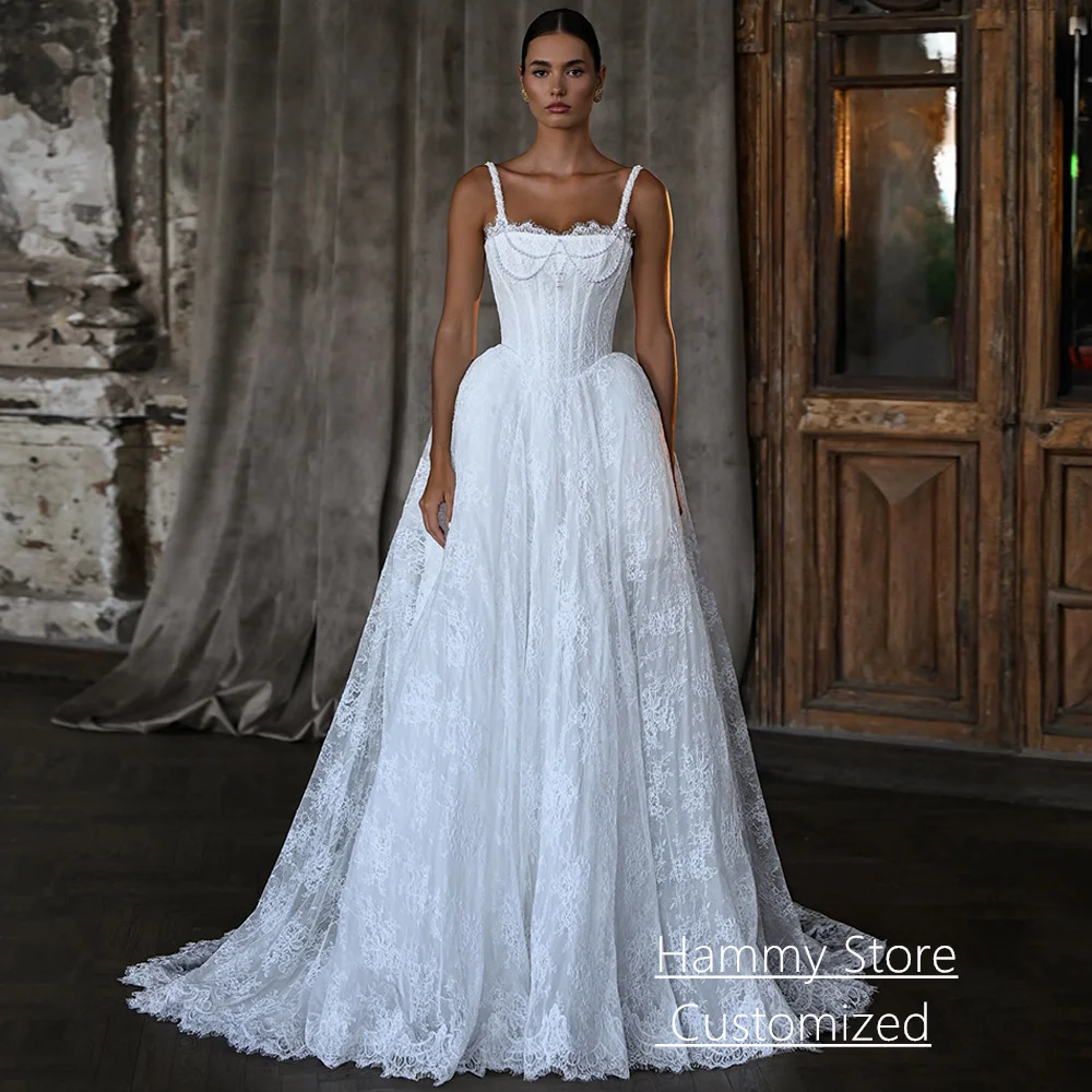 

Luxury Lace Wedding Dress for Woman Customized Square Neck Sleeveless Sweep Train Bridal Gown No Veil Arabic Bride Dresses