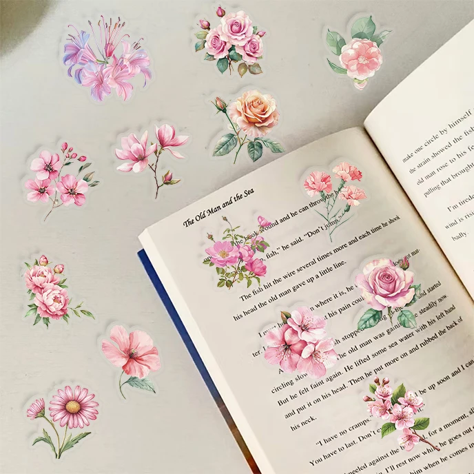 50pcs Pink Floral Stickers Flower Natural Journaling Notebook Water Bottle Decorative Decals Aesthetic Waterproof PET Sticker