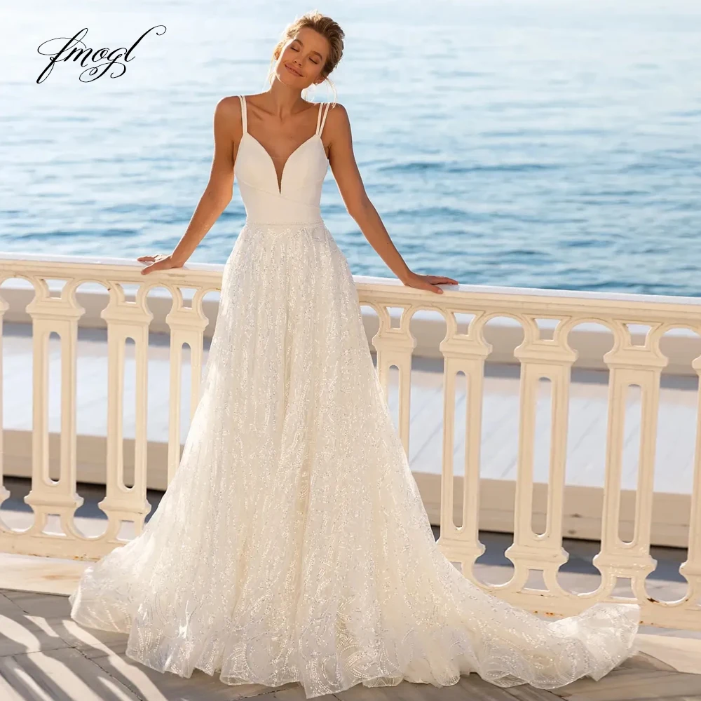 

Fmogl Sexy Backless Sweetheart Lace Vintage Wedding Dresses Luxury Spaghetti Straps Beaded Court Train A Line Bridal Gown