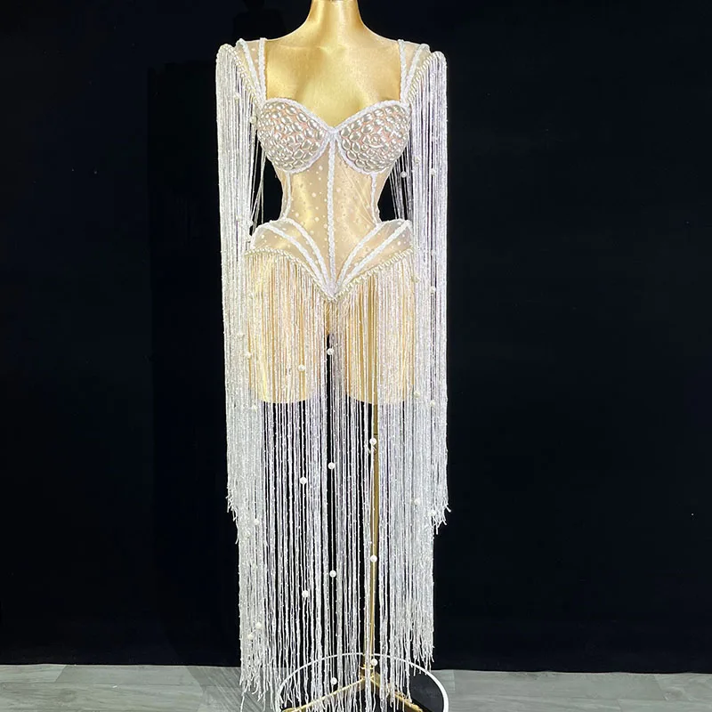 

GOGO White Pearl tasse Show Girl Stage Sexy Women Nightclub Party Birthday Crop Tops Wear Singer Performance Drag Queen Costumes