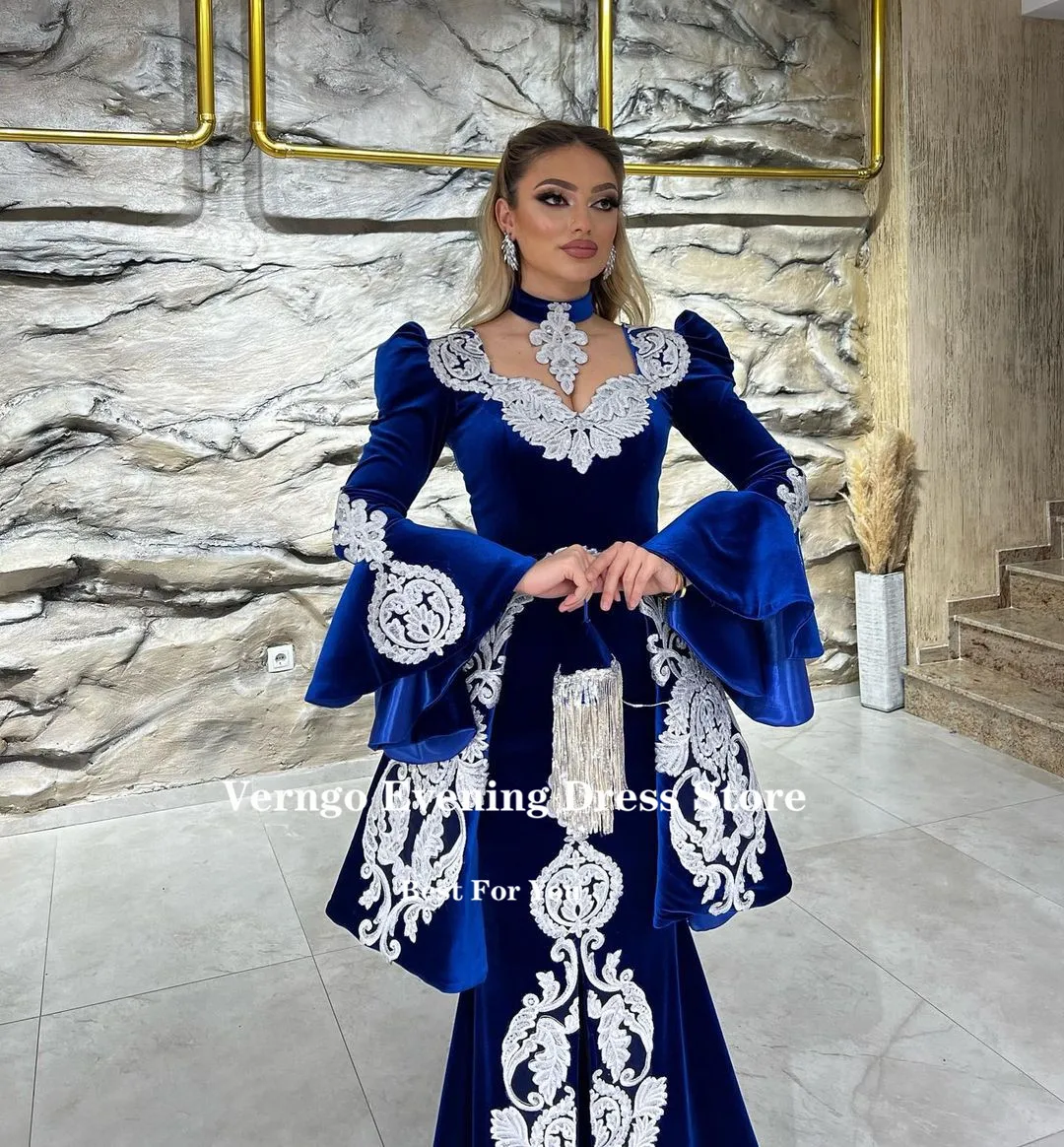 Verngo Royal Blue Velvet Moroccan Caftan Prom Dresses Detachable Train Applique Flare Long Sleeves Dubai Arabic Women Prom Gowns