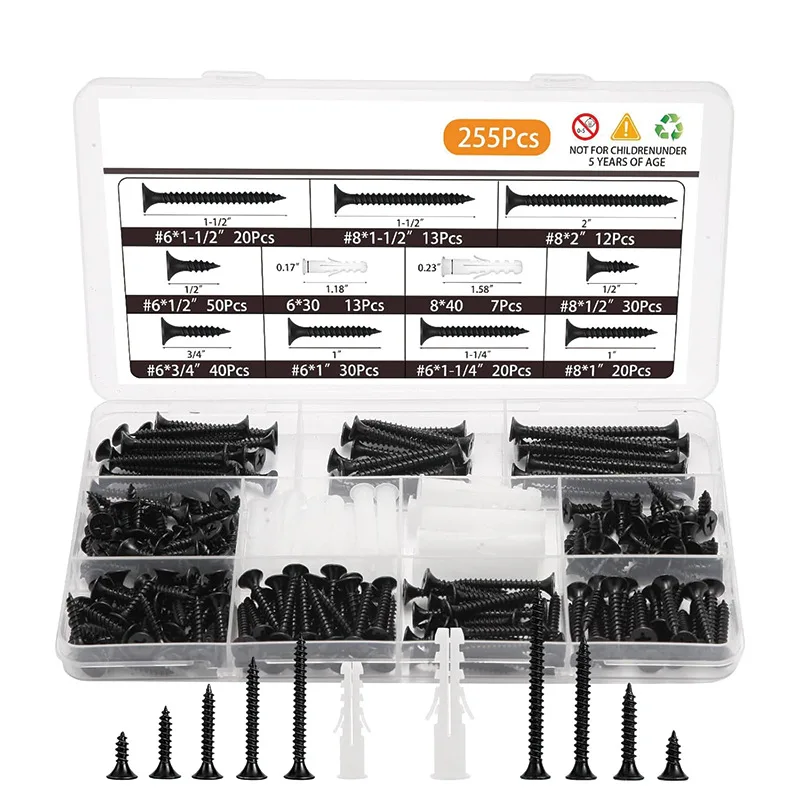 230Pcs High Hardness Self Tapping Screws Assortment Kit, #6 #8 Phillips Flat Head White Wall Anchors & Screws Set