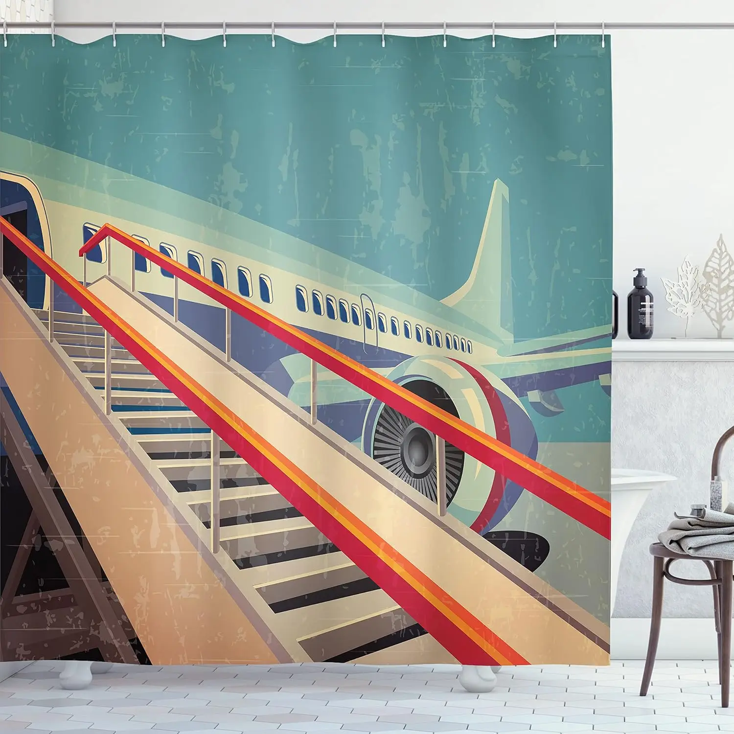 

Airplane Shower Curtain Vintage Aircraft Design Travel Theme Bathroom Decor Linen180x180