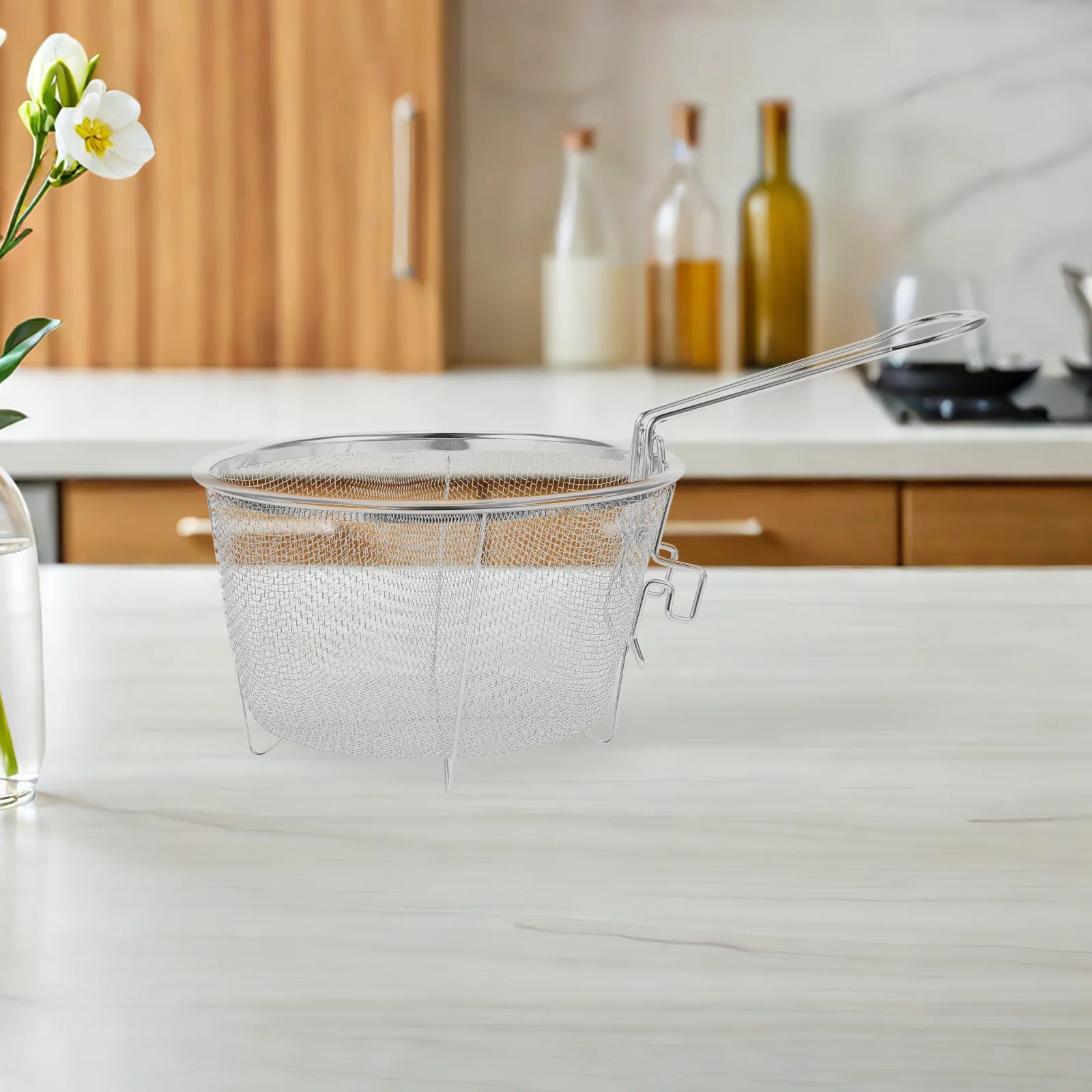 

Stainless Steel Fry Basket Frying Baskets for Deep Fryer Folding Round Thicken French Fries Silver