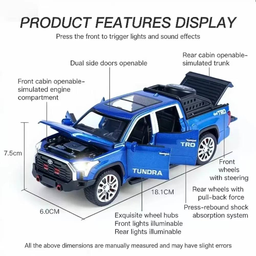 1:32 Scale Toyota Tundra Pickup Truck Alloy Die-cast Car Model with Sound & Light Pull Back 6 Openable Doors Kids Toy Vehicle