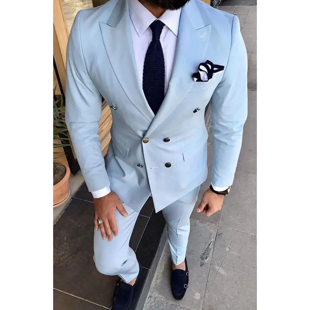 Chic Sky Blue Men Suits High Quality 2024 Double Breasted Peak Lapel Falt Front Elegant Wedding Tuxedo Slim Fit Full Set Outwear