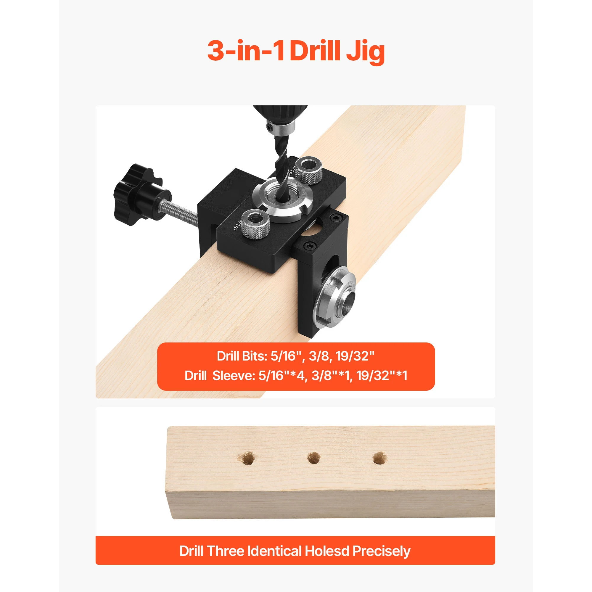 Doweling Jig Kit, Aluminum Alloy Woodworking Joints Tool with 3 Size Drill Bits 5/16