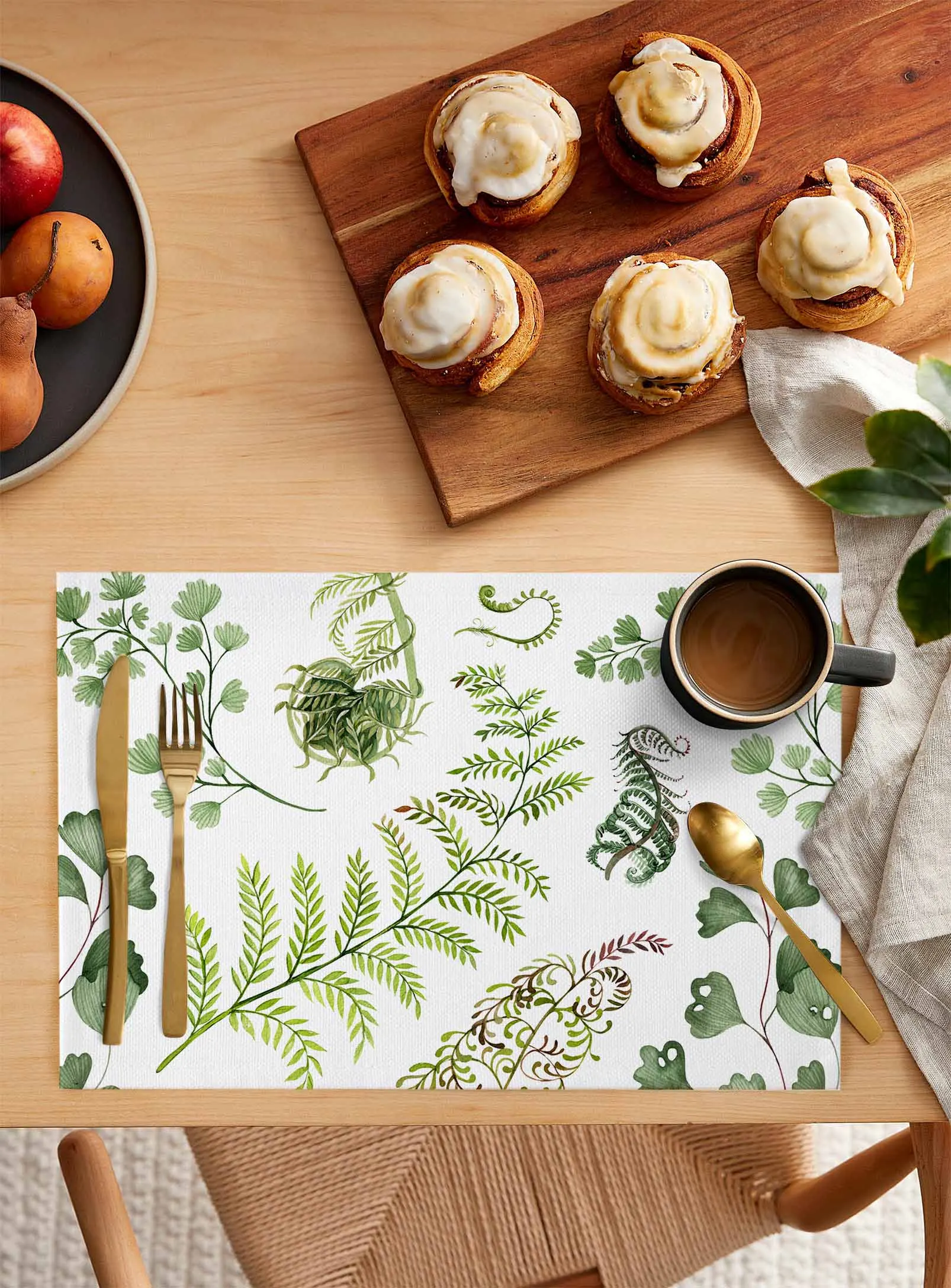 Green Fern Texture Kitchen Dining Table Decor Accessories 4/6pcs Placemat Heat Resistant Tableware Mat