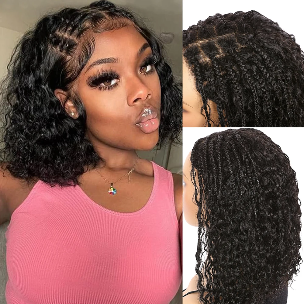 

Парик из натуральных волос Bob Braid, парик-косы в стиле бохо, парик-косы 5x5 с кудрявым кружевным закрытием, парик-косы с квадратной разницей между линиями роста волос, без узлов, с плетеными прядями