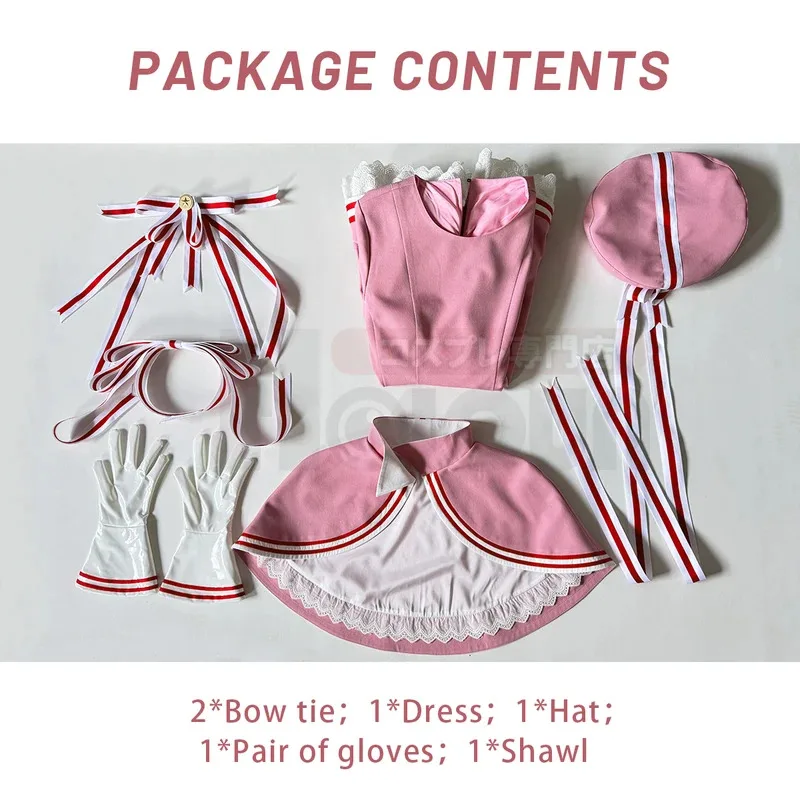 أزياء هولون كاردكابتور ساكورا أنيمي كينوموتو ساكورا التأثيرية إصدار البطاقة الشفافة فستان وردي شال قبعة قفازات ربطة عنق ملابس يومية