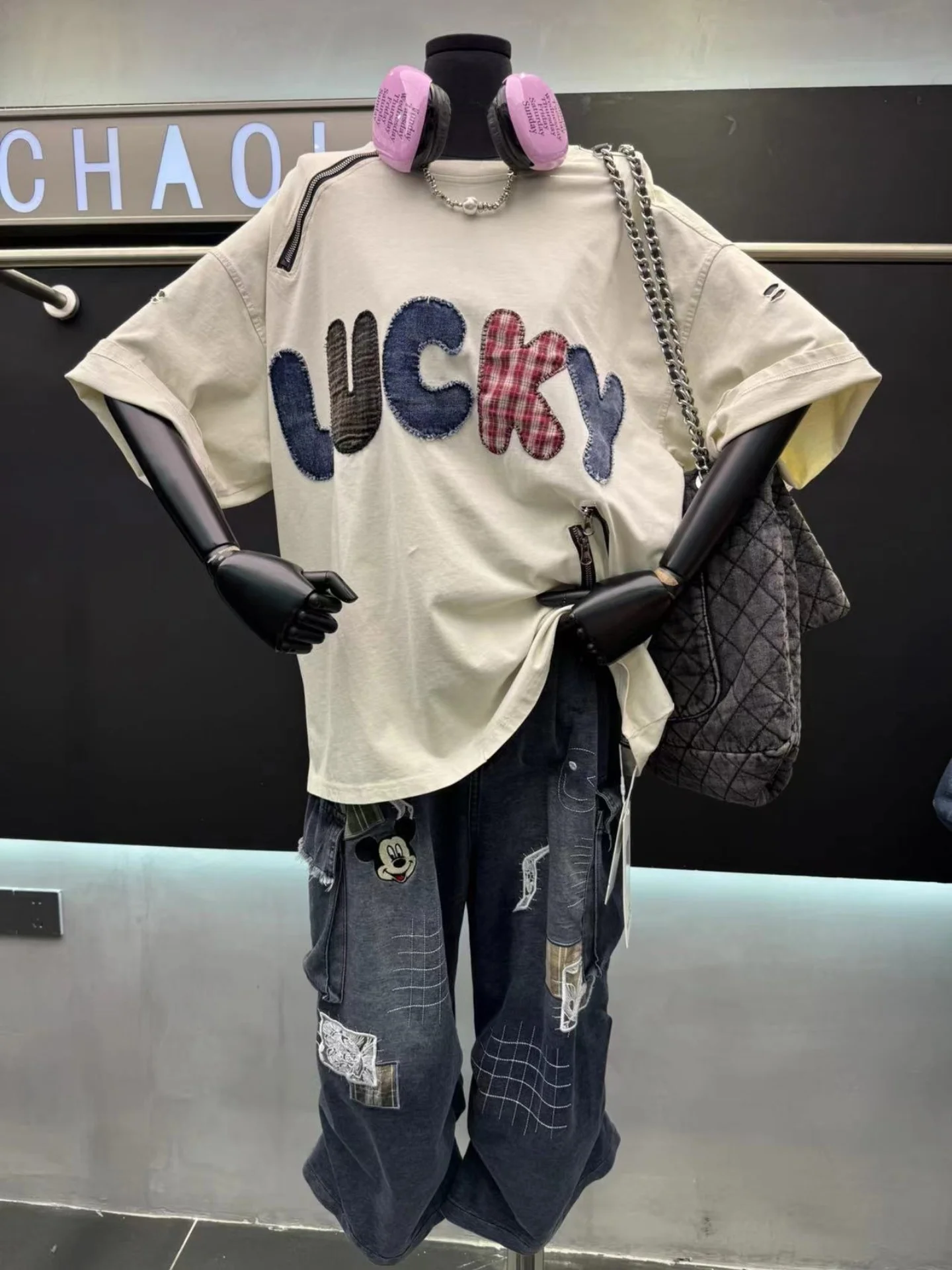 Camiseta de Manga Corta con Bordado y Estampado de Letras, Estilo Casual y Holgado para Mujer, Primavera-Verano, Nueva Colección EUA, Algodón Cómodo