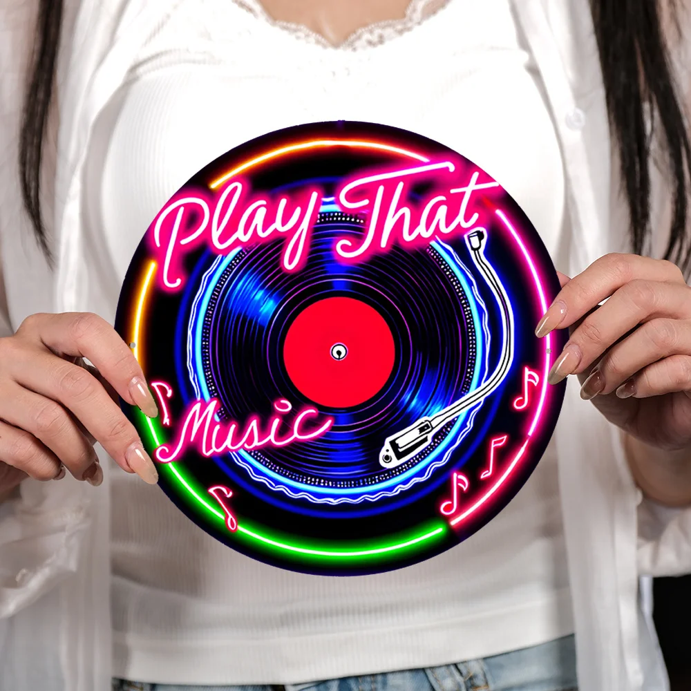 2D 플랫, 1개입 레트로 비닐 레코드 네온 사인 - "PLAY THAT MUSIC" 빈티지 메탈 벽 장식, & 변색 방지 원형 장식 썸네일 3