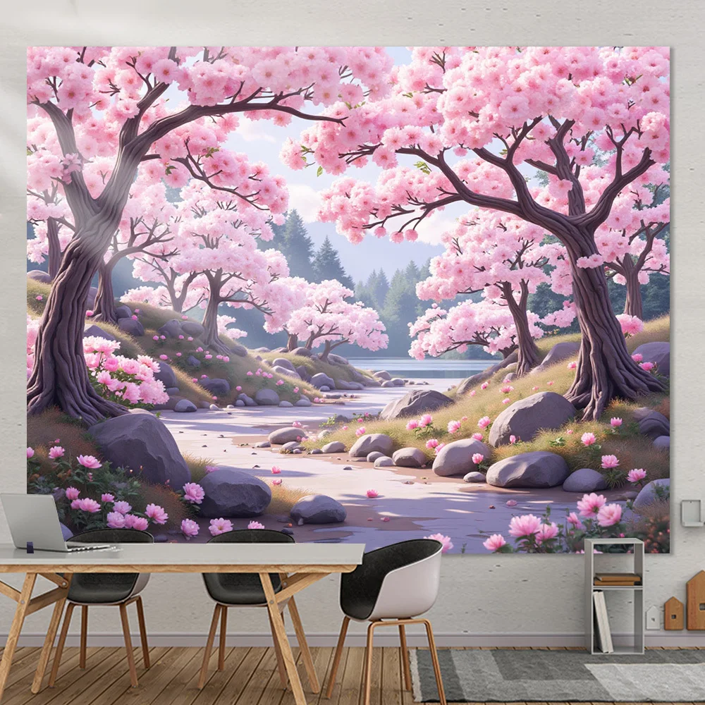1pc Pink Cherry Blossom Forest Lake Stone Path Tapestry 2D Flat Printing Wall Hanging Backdrop for Bedroom Study Decor Spring