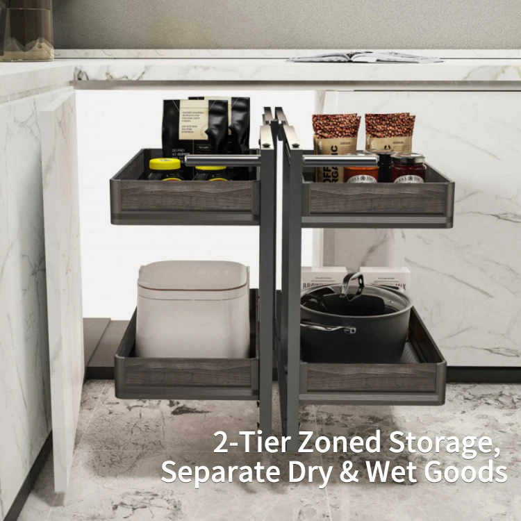Custom Dual Side Independent Pull Out Corner Cabinet Organizer Aluminum Kitchen Hardware Full Access Storage Basket
