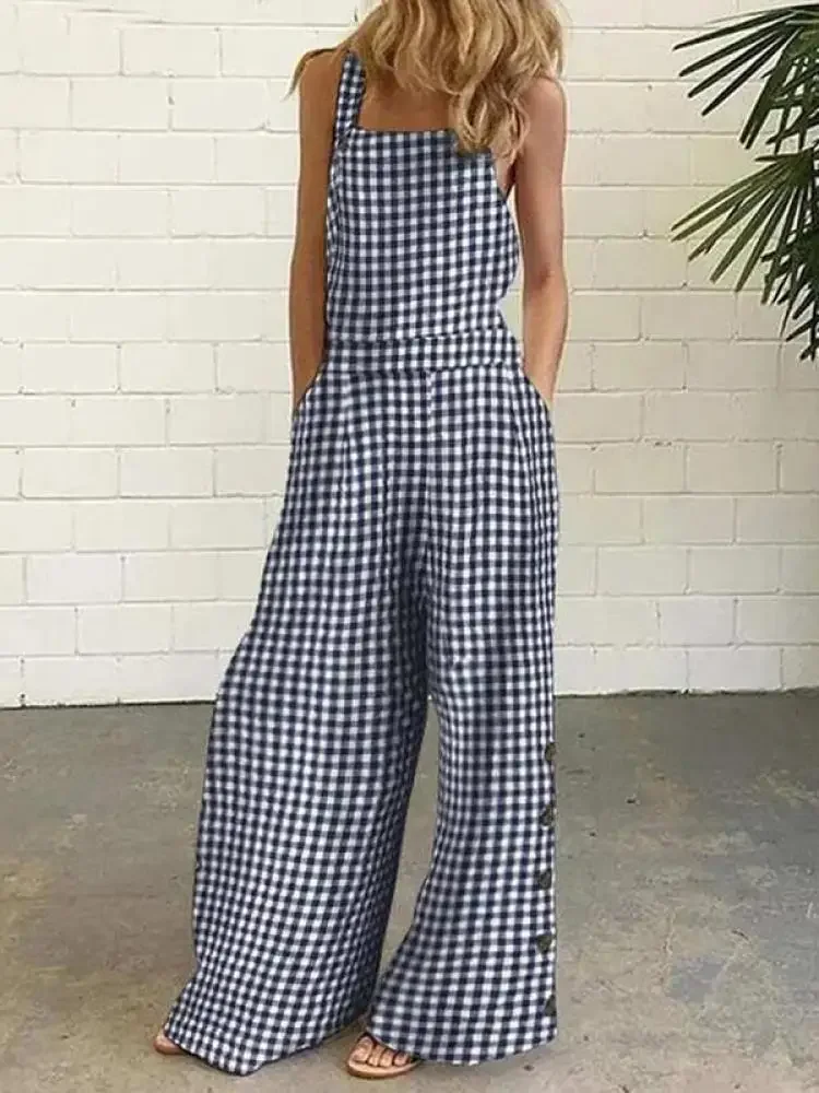 

Bohohipei Women Fashion Pockets Plaid Wide Leg Jumpsuits 2024 New Summer Sleeveless Loose Buttoned Collarless Casual Overalls