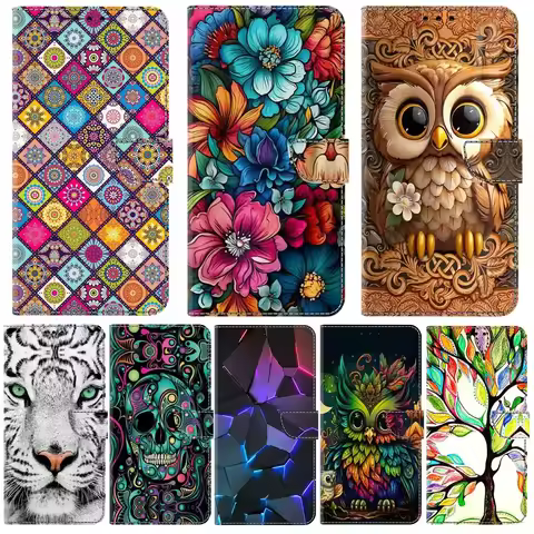 S24 S23 3D Pattern Phone Case for Funda Samsung Galaxy S24 Ultra S23 Plus S22 S21 S20 FE Cases Leather Wallet Flip Cover Women