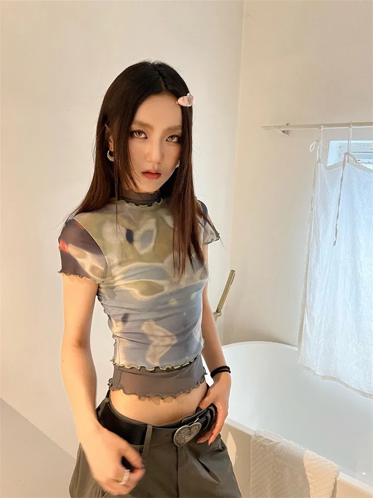 Genayooa Kawaii T Shirt Women Patchwork Mesh Tops Y2k Crop Tops Streetwear Retro Tee Tops Tie Dye Tshirts Japanese Grunge Tops