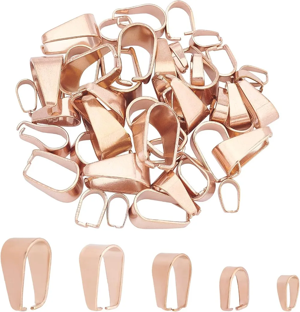 40pcs 5 Sizes Rose Gold Pendant Snap On Bails Pinch Bails Clasp Stainless Steel Pendant Connector Finding making kit