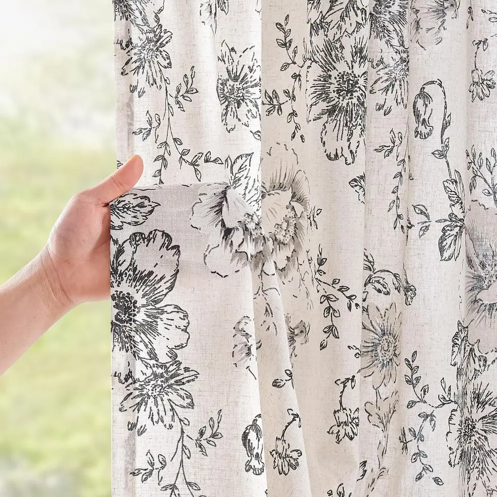 ستائر مزيج الكتان من الفاوانيا باللون الأسود، بطول 96، مجموعة من لوحتين لغرفة المعيشة وغرفة النوم في المزرعة