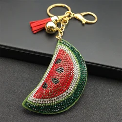 Kawaii Wassermelone Voller Kristall Schlüsselanhänger Frauen Männer Legierung Leder Gold Farbe Obst Schlüsselanhänger Tasche Auto Zubehör Schmuck K5100S05