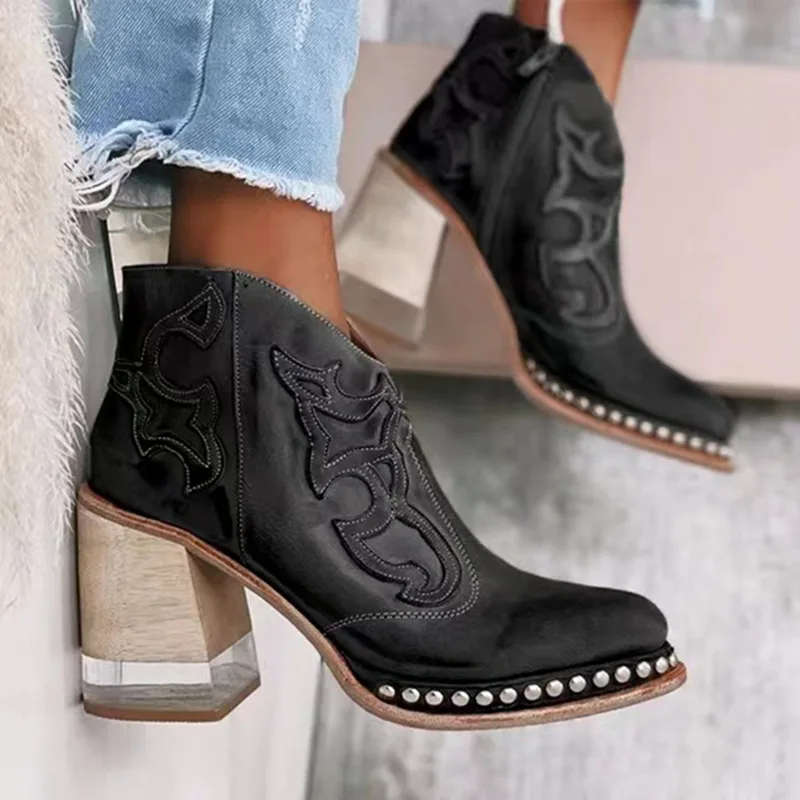 Retro Women Boots Thick High Heels Casual PU Leather Ankle Boots Fashion Pointed Toe Rivet Female Shoes Large Size Botas Mujer