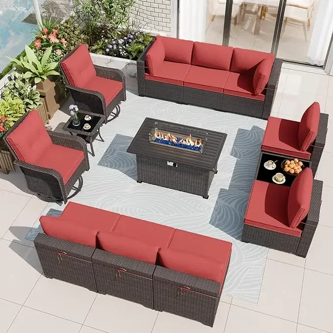 13-Piece Patio Furniture Set with 2 Swivel Chairs Gas Fire Pit Patio Conversation Set
