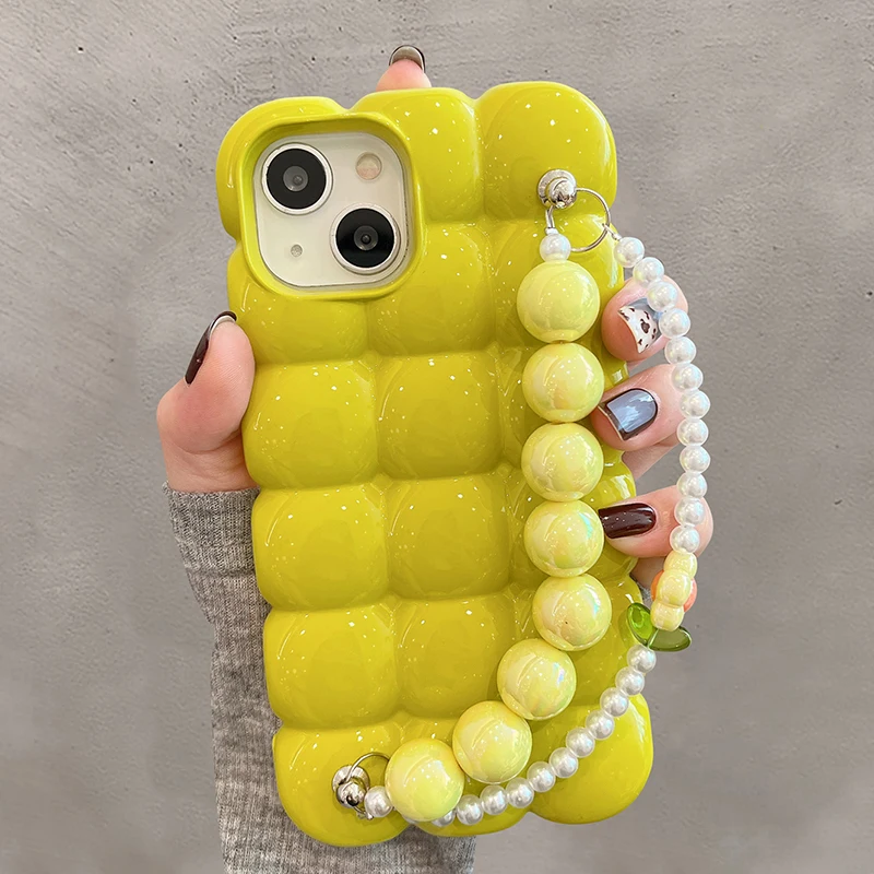 Luxury Pearl Bracelet Chain 3D Ice Lattice Case For iPhone 13 Pro Max 16 15 14 11 12 Shockproof Phone Back Cover Funda