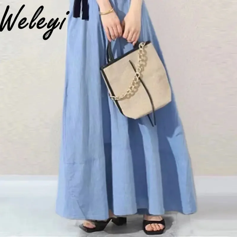 Japanese Woman V-neck Contrasting-Color Blue Long Dress Autumn Sweet Over The Knee False Two-Piece Patchwork Ankle-Length Dress