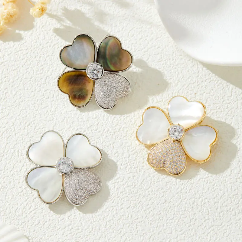 

Natural Mother of Pearl Grass Leaf Brooch Fashion Versatile Micro-inlaid Zircon Corsage Delicate Women's Pin