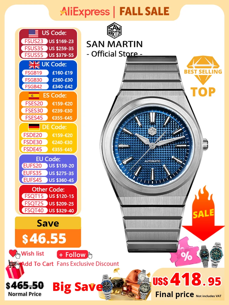 San Martin 39mm Luxury Men Sports Watch Waffle Dial Integrated Bracelet Miyota 90S5 Automatic Mechanical Clear Caseback SN0152
