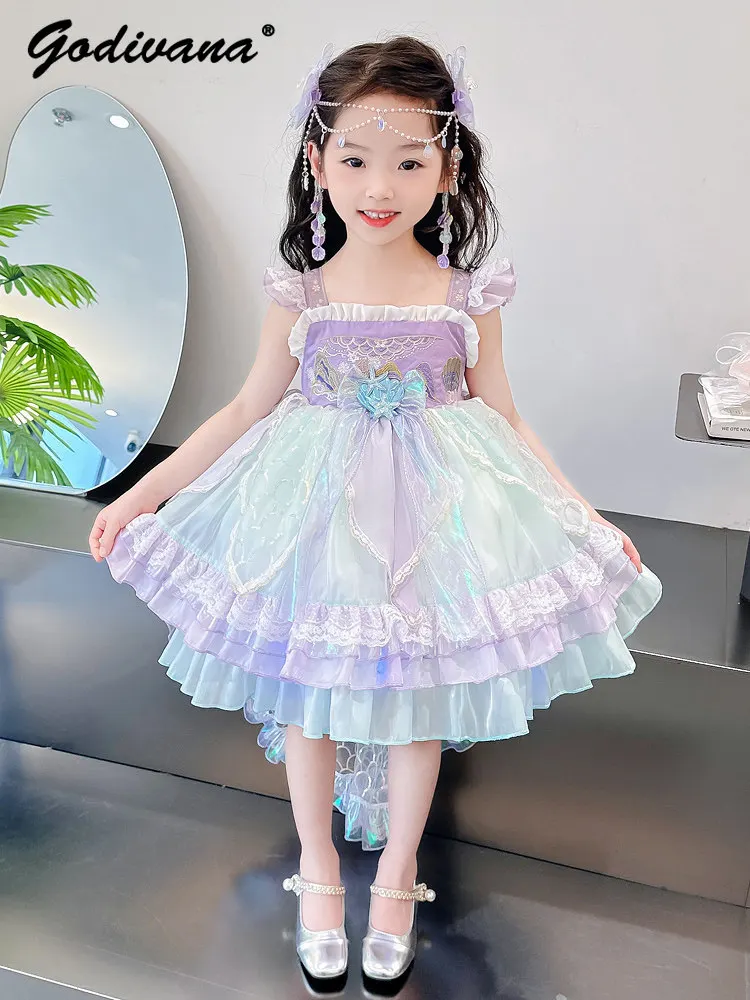 Sweet Baby Girls Summer Mermaid Lolita Princess Sundress Childrens Sequin Tulle Ruffle Trim Bow Tail Birthday Party Ball Gown