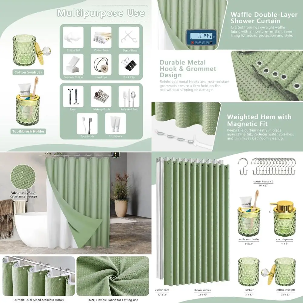 

Eco-Friendly 5-Piece Bathroom Set: Shower Curtain, Soap Dispenser, Toothbrush Holder, Tumbler, Cotton Jars - Green Home Decor