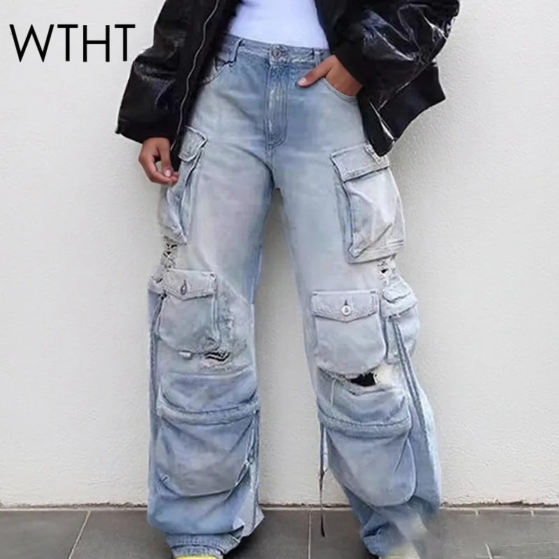 

WTHT винтажные модные женские джинсы-карго с несколькими карманами, осень 2023, модные широкие джинсовые брюки с высокой талией, женские 1LS2603