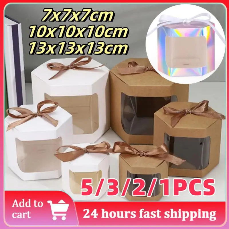 5/3/2/1PCS Kraft Paper Ribbon Candy Box Transparent Window Brown White Gift Packaging Boxes Wedding Party Favor Gifts Christmas