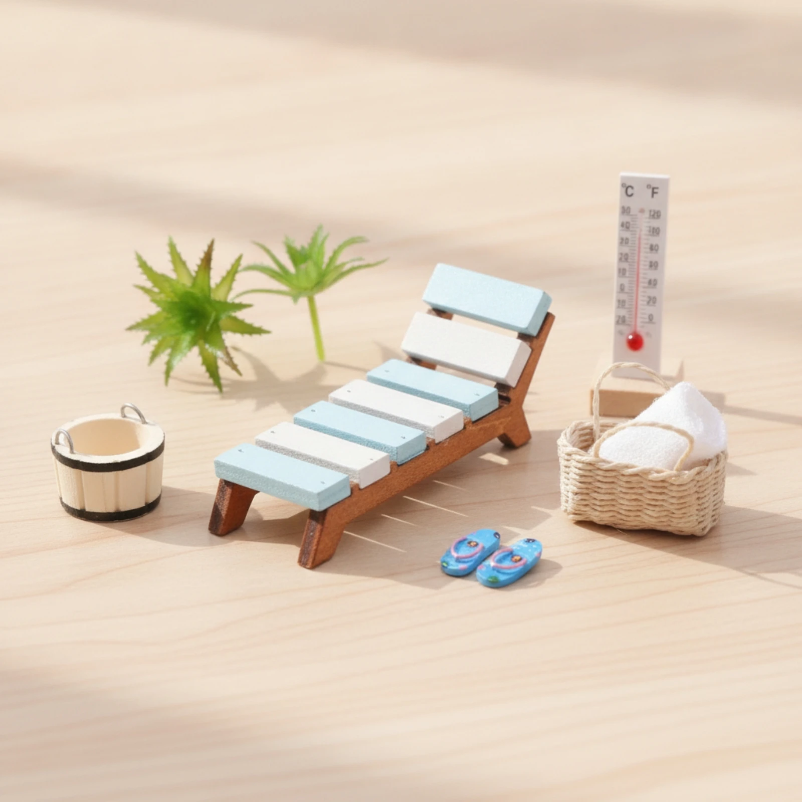 Dollhouse Lounge Chair with Accessories Wooden Beach Chair Mini Basket Summer Mini Slippers Coastal for Collectors