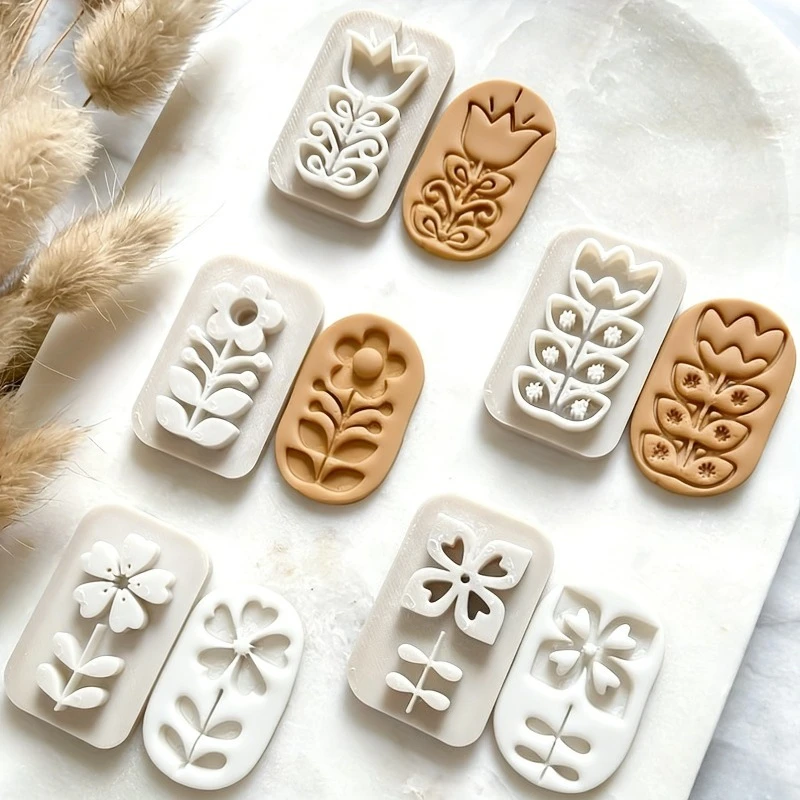 Conjunto de 5 Carimbos de Argila Polimérica com Flores Escandinavas |   Moldes de Argila Acrílica para Fazer Brincos e Joias |   Ferramentas de Argila com Padrão Floral