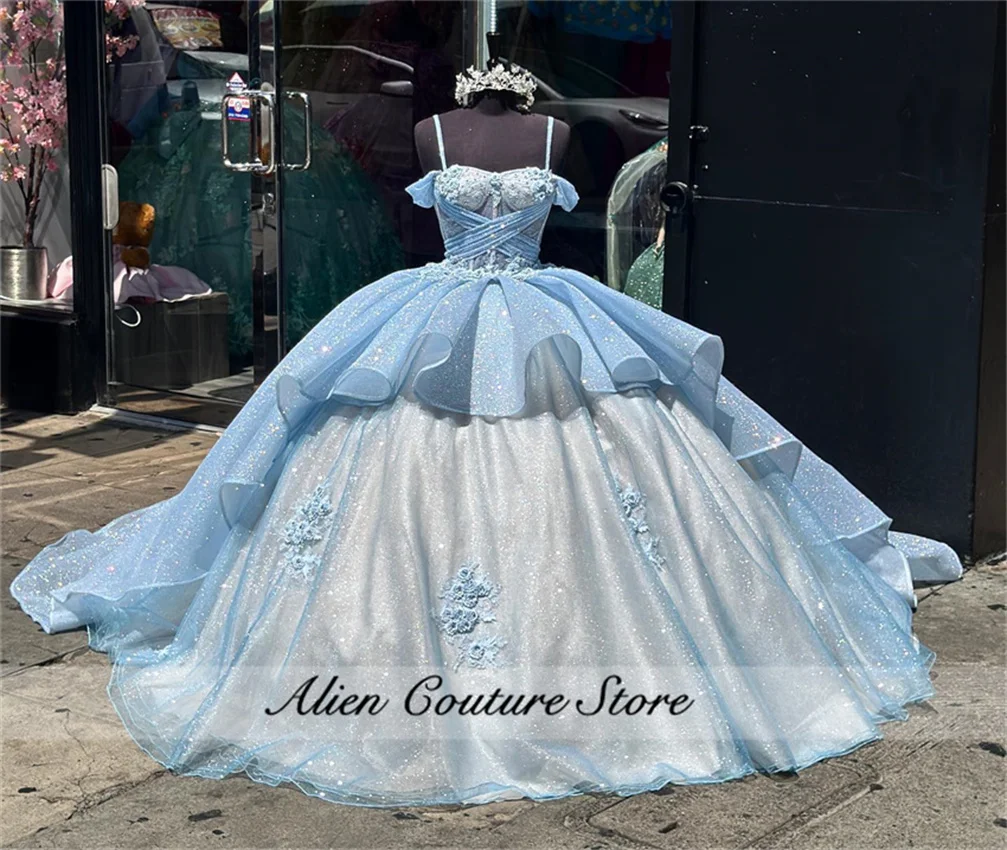 Sweet Blue Princess Ball Gown Quinceañera Dresses 2024 Floral Appliques Crystals Birthday Party For 15th Girls Lace-up Customize