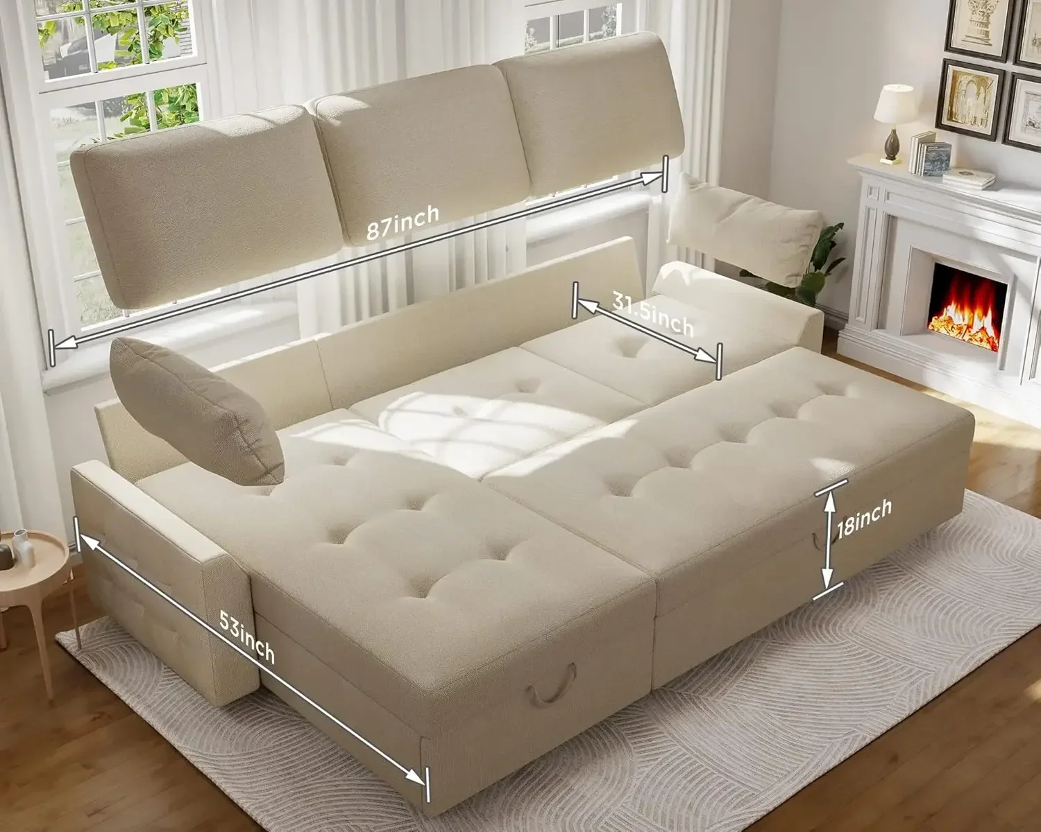 Sofá cama convertible extraíble con chaise de almacenamiento, sofá seccional capitoné para sala de estar (Beige)