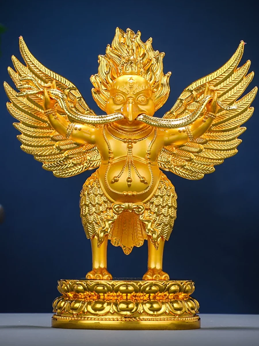 Garuda Statue, Fully Gold Gilded Tibetan Buddhist Protector Deity, 4-Inch Lotus Base Figurine, Larung Style Vajrayana Altar Deco