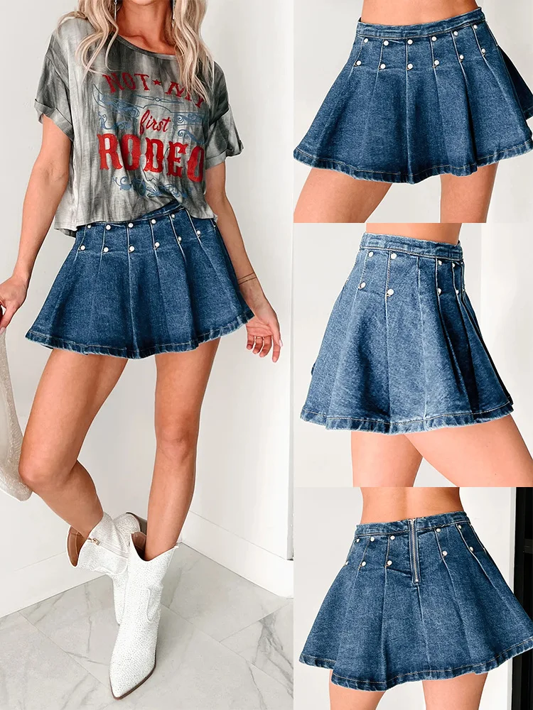 Minigonna in denim con borchie Y2K da donna, gonna a pieghe a trapezio stile americano 2025, gonna corta sexy in puro colore a vita alta