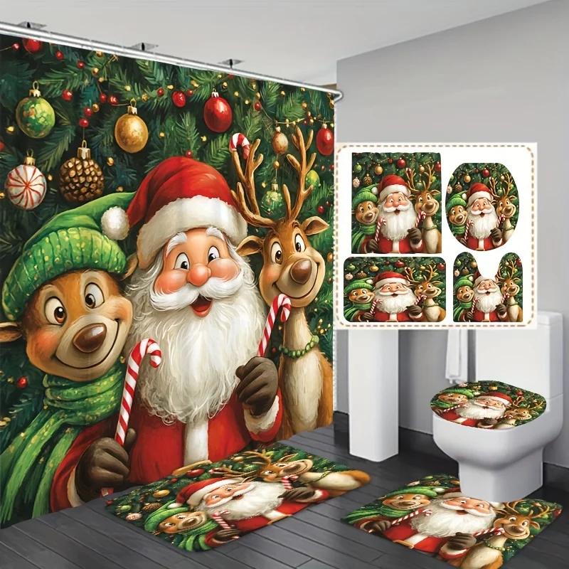 Santa and Reindeer Christmas Bathroom Set with Machine Washable Polyester Bath Ensemble, Fade-Resistant with Hooks, Fashion-Them