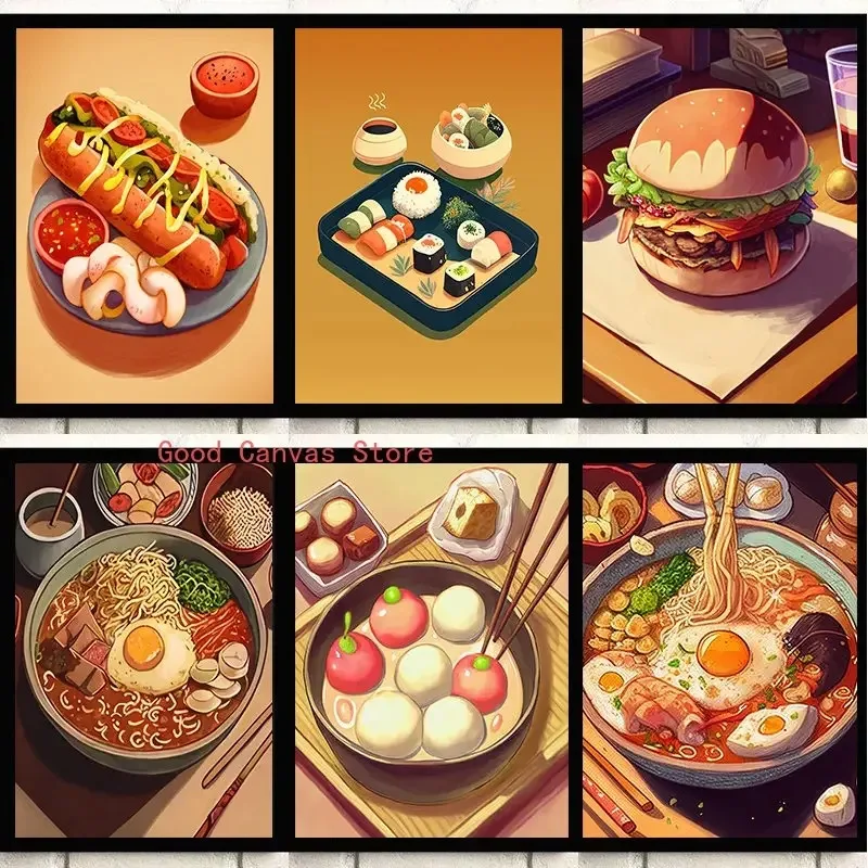 Современный холст с принтом «Удобная еда» произведение искусства с плакатами и принтами рамэн хот-догов гамбургеров для кухни...