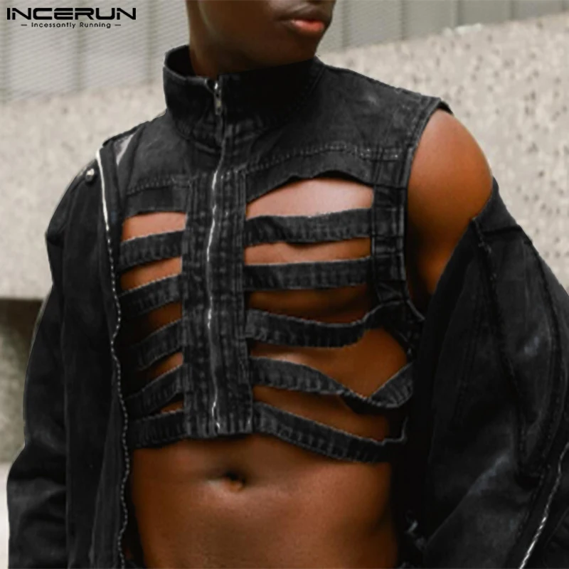 INCERUN Tops 2024 American Style Fashion Men Hollow Zipper Design Vests Male Personality Cropped Burn-out Sleeveless Vests S-5XL