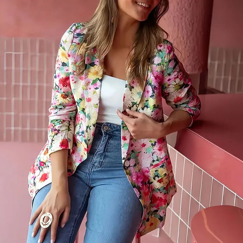 

Women Fashion Casual Top Cardigan Work Office Suit Jackets Ladies Blazer Stylish Slim Coat Autumn Floral Printed Outerwear Mujer