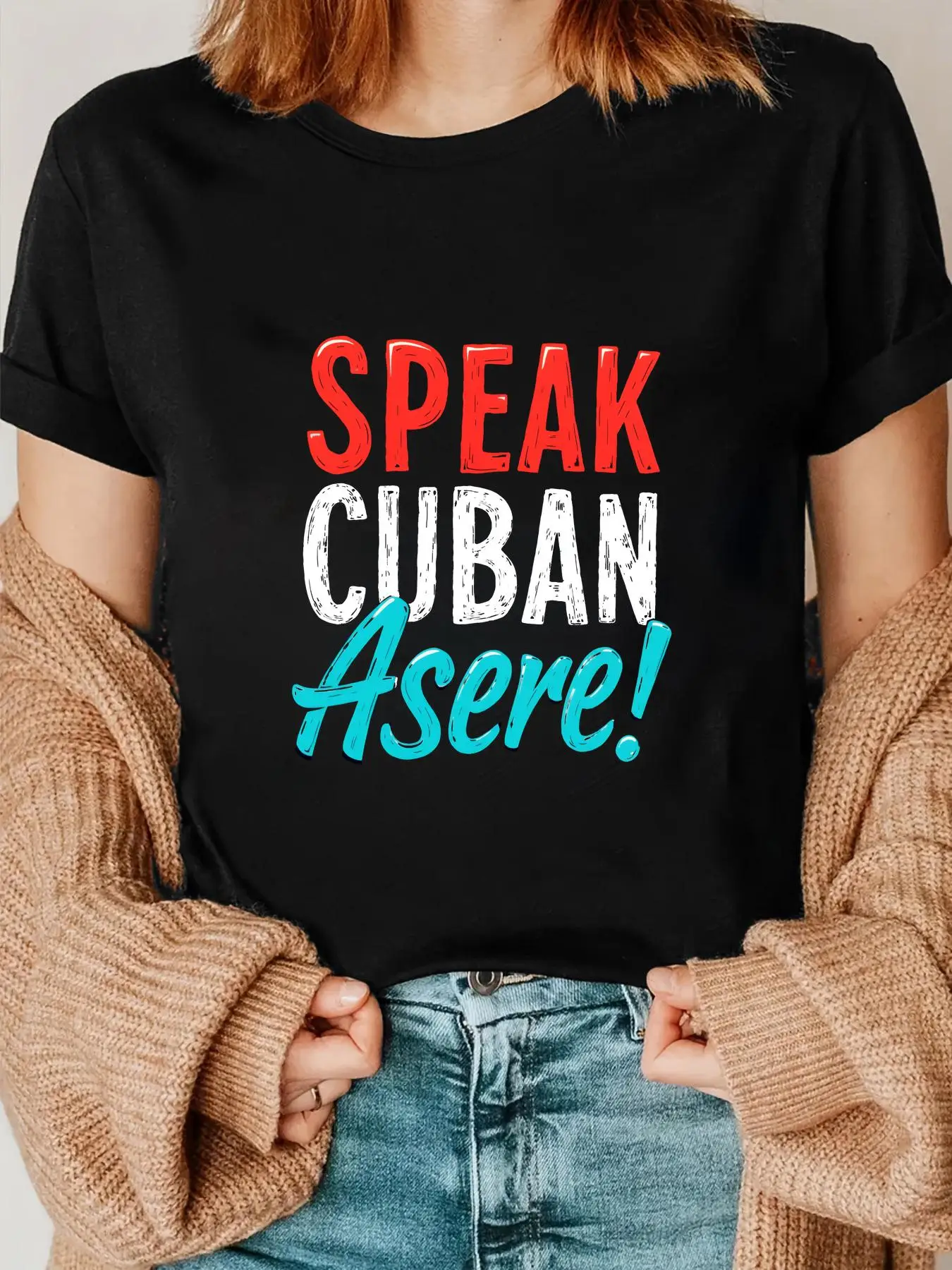 Women's Y2K Cuban Slang T-Shirt - SPEAK CUBAN ASERE Short Sleeve Top,Vibrant Green Cuban Culture TeeWomen's Basic T Shirt Crew Neck Short Sleeve Casual Fashion Tops