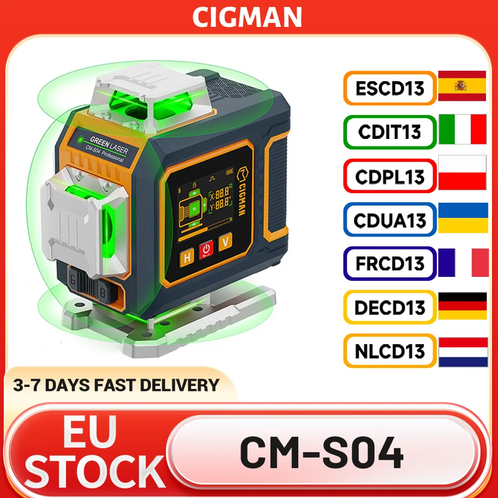 Niveau laser CIGMAN CM-S04 à 16 lignes avec écran LCD, auto-nivelant, 4×360 °   Faisceau vert, précision élevée ±1,5 mm/5 m, 2 batteries 2600 mAh