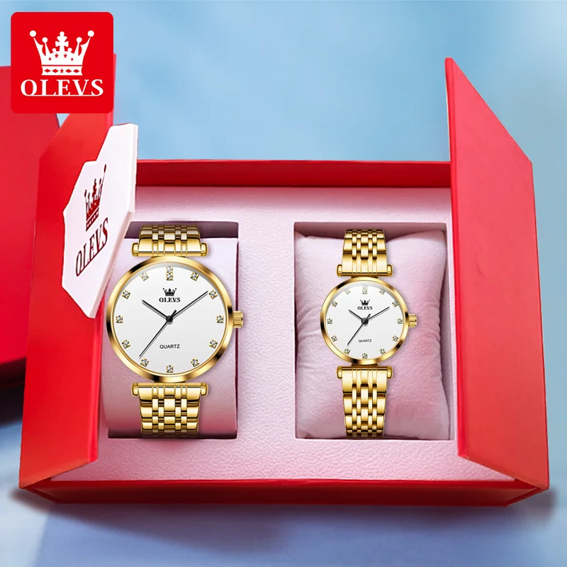 OLEVS Luxury Brand New coppia orologio cinturino in acciaio inossidabile dorato Set regalo amante romantico orologio al quarzo originale His and Her Watches