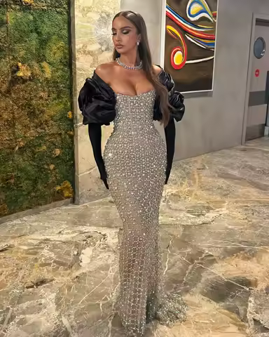 Customized Sparkly Evening Dresses Luxury 2026 Long Sleeve Strapless Beaded Party Dress Mermaid abendkleider Customized Fit