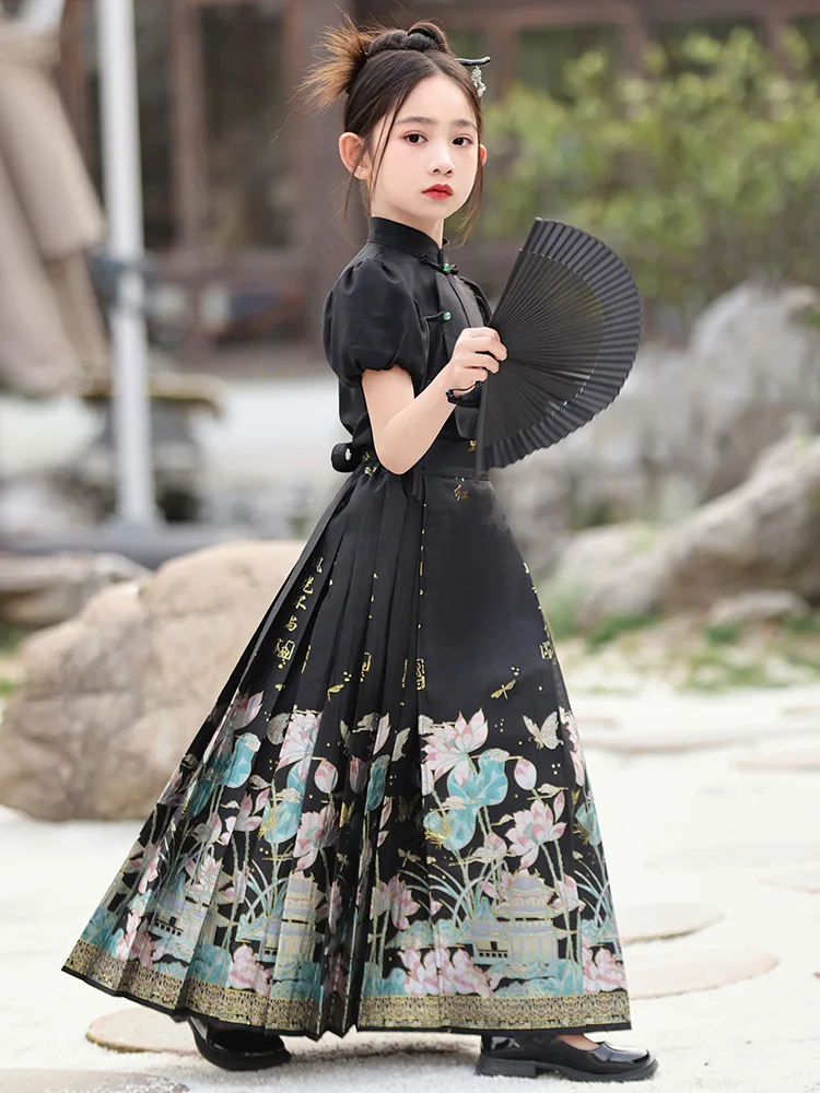 Kids Horse Face Skirt Lovely Girls Shirts Skirt Set Retro Chinese Traditional Style Hanfu Children Daily Costum Birthday Gift