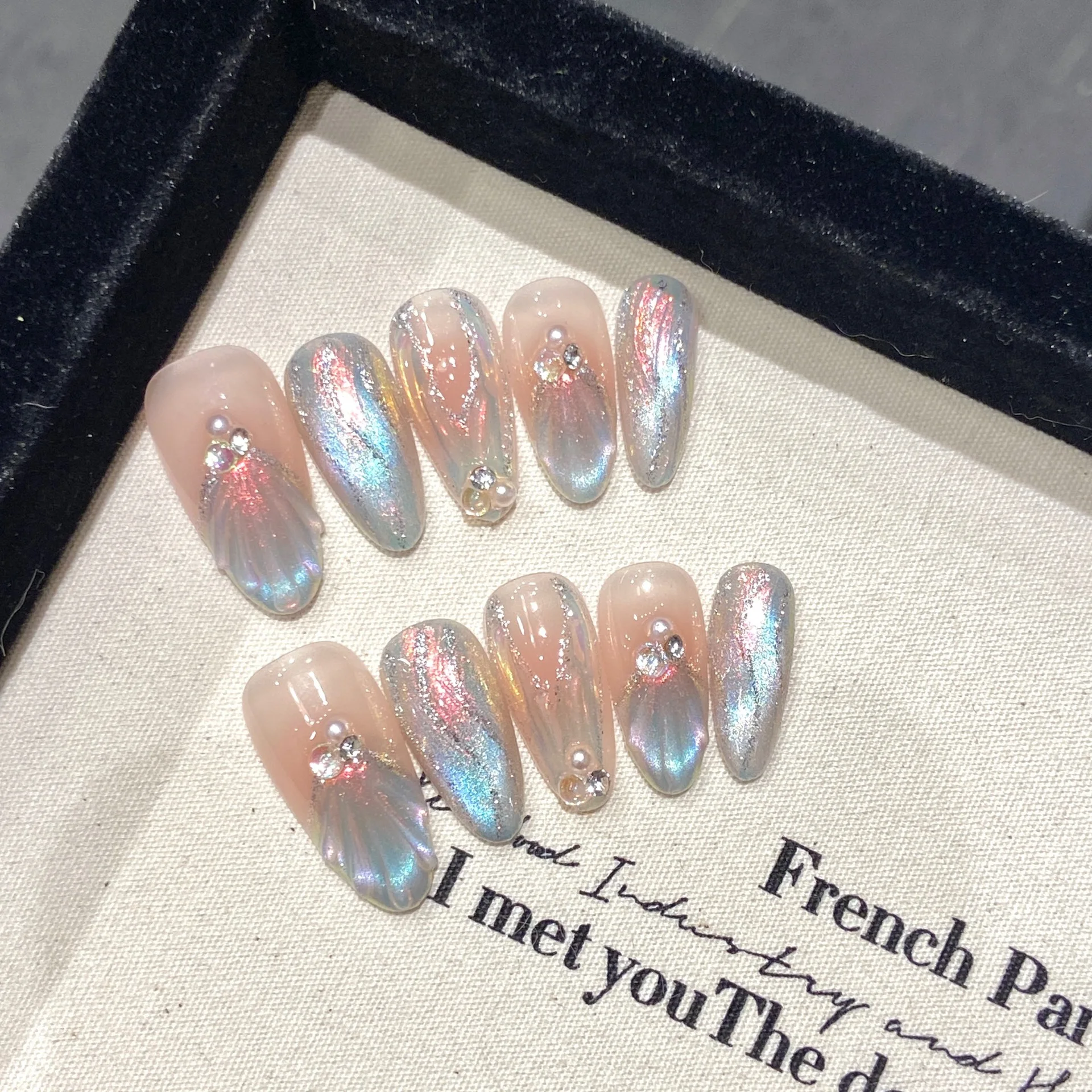 

Gradient Blue Pink False Nails Handmade Almond Press On Nail Hand Painted Shells Pearl Designs Glossy Wearable Manicure Art